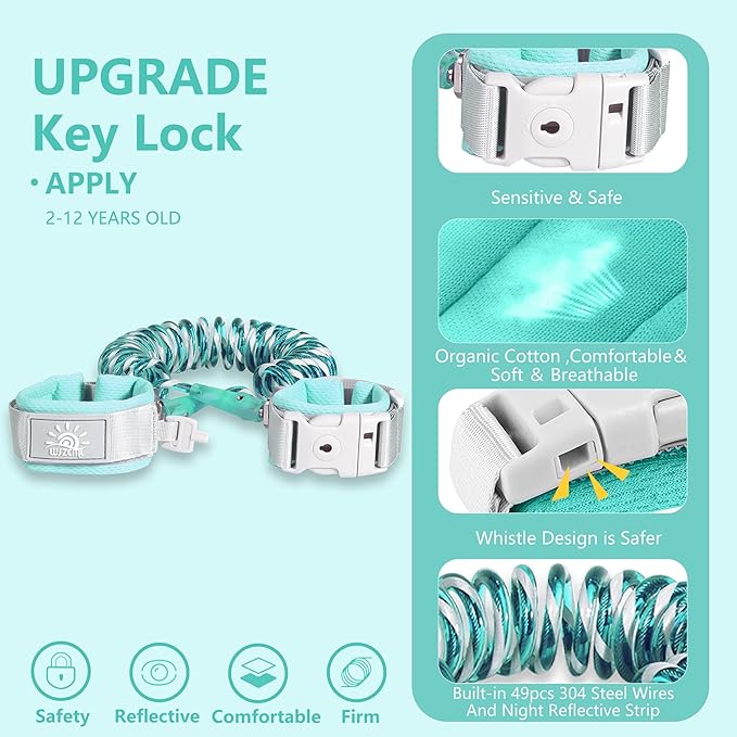Toddler Harness Walking Leash- Child Anti Lost Wrist Link - Child Safety Harness - Upgrade with Reflective(6.5ft) - for Boys and Girls,Not Easy to Open Without Key (Cyan)