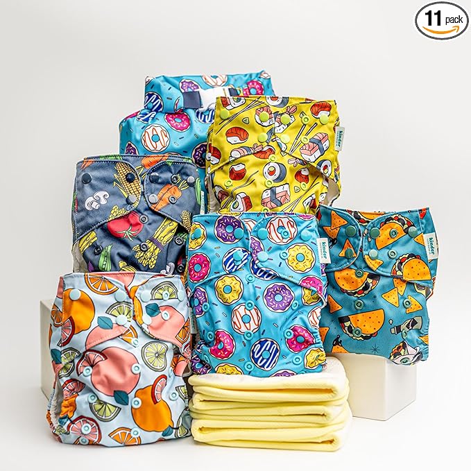 Kinder Cloth Diapers Set of 5 Reusable Baby Diapers Pocket Style Athletic Wicking Jersey, Bamboo Viscose Inserts, Wet Bag, Newborn to Potty Training 7-60lbs, One Size (Foodie)