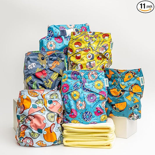 Kinder Cloth Diapers Set of 5 Reusable Baby Diapers Pocket Style Athletic Wicking Jersey, Bamboo Viscose Inserts, Wet Bag, Newborn to Potty Training 7-60lbs, One Size (Foodie)