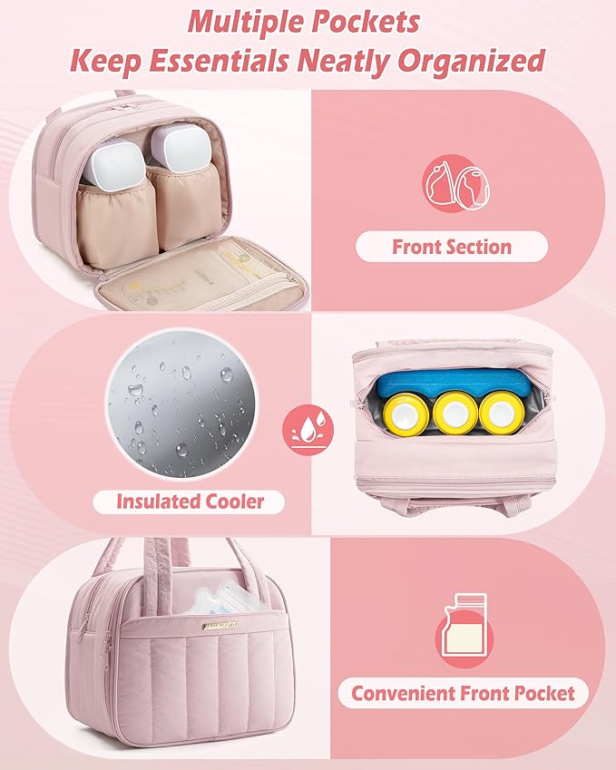 Marscamd Quilted Wearable Breast Pump Bag with Cooler Compartment, Wearable Pump Case Compatible with Momcozy and Most Brand Hands-Free Breast Pumps, Pink
