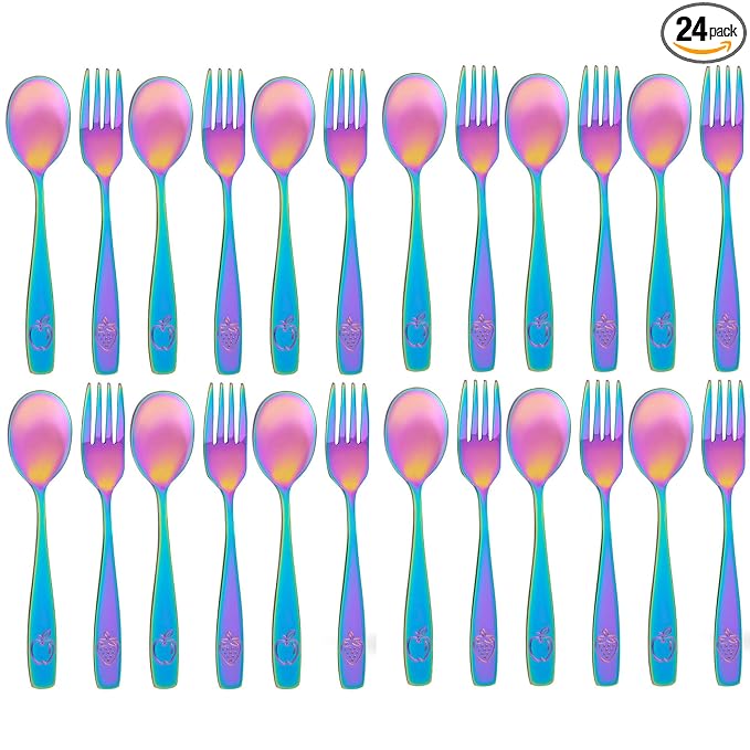 Stainless Steel Kids Silverware Set 24 Pieces (2 Pack of 12) - Child and Toddler Safe Flatware - Kids Utensil Set - Metal Kids Cutlery Set (Includes 12 Small Kids Spoons & Kids 12 Forks, UV Rainbow)