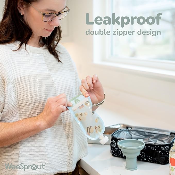WeeSprout Double Zipper Reusable Food Pouches, Perfect for Babies & Toddlers, Freezer & Dishwasher Safe (Educational, 7 Fl Oz (Pack of 6) + Pouch Filler)