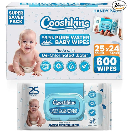 [Bulk 576 Wipes] De-Chlorinated Pure Water Baby Wipes | 25 Count (Pack of 24) Gentle Unscented Wipes for Sensitive Skin | 99.9% Pure Water Based | Alcohol-Free, Paraben-Free | Soft & Thick
