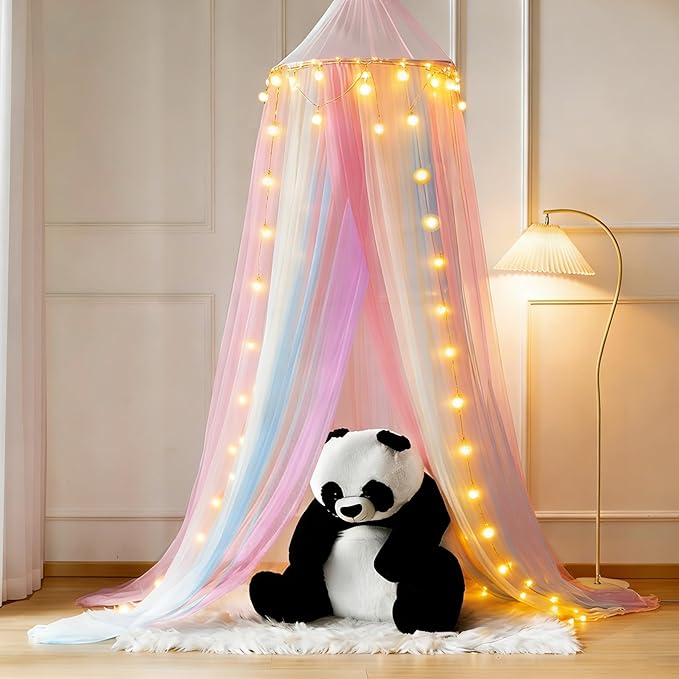Princess Rainbow Bed Canopy with Lights for Girls Bed Net,Princess Canopy for Kids Bed Room Decor (Rainbow + Lights)