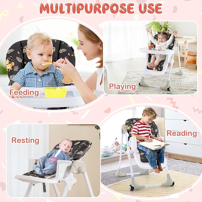 HONEY JOY Baby High Chair, Foldable Highchair for Babies and Toddlers, Adjustable Heights, Recline Backrest & Footrest, Detachable Tray & PU Seat, Portable Highchairs with Wheels (Leaf Black)