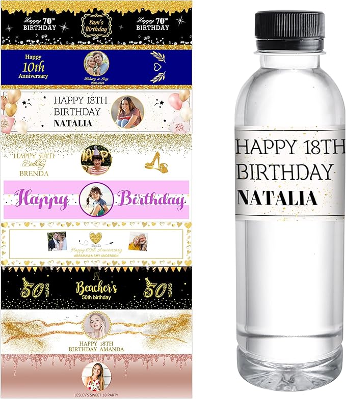 Personalized Water Bottle Labels for Birthday Anniversary Custom Happy Birthday Labels with Name for Water Bottle Stickers Waterproof Printable Photo Bottle Labels Gifts 50 Pcs