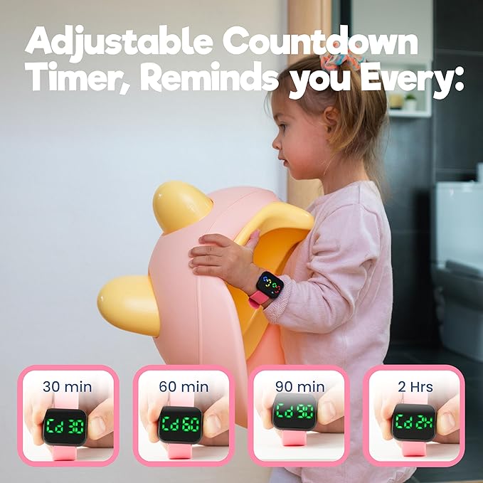 Potty Training Watch & Board Book for Kids – A Water Resistant Potty Reminder Device for Boys & Girls - Train Your Toddler with Fun Musical or Vibration Reminders and Printed Board Book (Pink)