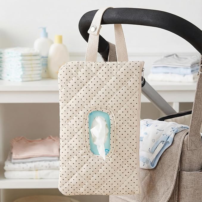 Quilted Baby Wipe Holder, Canvas Floral Quilted Pouch with Hanging Strap, Portable Diaper Wipe Holder for Travel Stroller-Polka Dots
