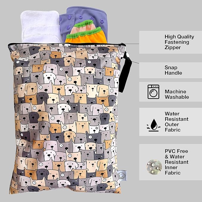 FLOCK THREE Washable and Reusable Wet Bag Diaper Bag Water Resistant Swimming Bag Travel Toiletries Pouch Yoga Gym Bag Cute Pugs 12.6'' x 16.5''