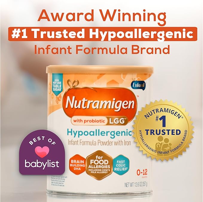 Enfamil Nutramigen Hypoallergenic Baby Formula with Iron, Lactose Free, Colic Relief from Cow's Milk Allergy Starts in 24 Hours, Brain Building DHA, Probiotic LGG for Immune Support, 12.6 Oz Can, Pack of 6