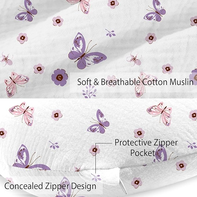 Little Grape Land Muslin Nursing Pillow Covers 2 Pack, 100% Cotton Removable Breastfeeding Pillow Covers, Feeding Pillow Slipcovers for Baby Boys & Girls, (Purple Butterfly & Purple)