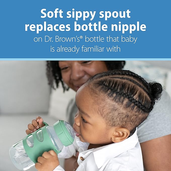Dr. Brown's Milestones 9oz Wide-Neck Sippy Spout Bottle Bundle with Silicone Handles, Soft Sippy Spout, Green and Light Blue, 1-Pack Each, 6m+