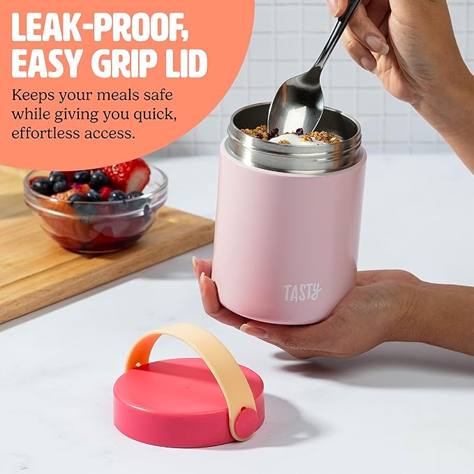 Tasty Food Jar with Folding Handle, Portable Snack Travel or Lunch Container, Stainless Steel Insulated Vacuum with Leak-Proof Lid, Keeps Food Hot or Cold for Hours, 15-Ounce, Pink