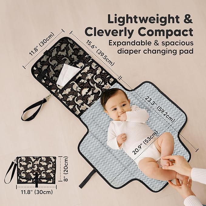 KeaBabies Portable Diaper Changing Pad, Travel, Car - Large Waterproof Baby Changing Mat, Wipeable, Padded, On The Go Travel Diaper Clutch Bag, Easy to Use Pockets for Newborn Essentials (Dino Ridge)