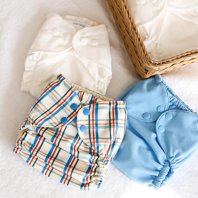 Esembly Cloth Diaper Cover - Reusable Swim Diaper, Waterproof, Breathable - Adjustable Outer Layer Over Absorbent Inner for Blowout Protection - Plaid, Size 1 (7-17lbs)