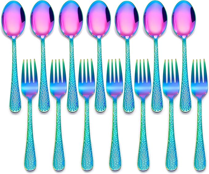 LIANYU 14-Piece Kids Silverware Set, Rainbow Toddler Utensils Flatware Set, Stainless Steel Child Preschooler Cutlery, Includes 7 Spoons and 7 Forks for Kids, Dishwasher Safe