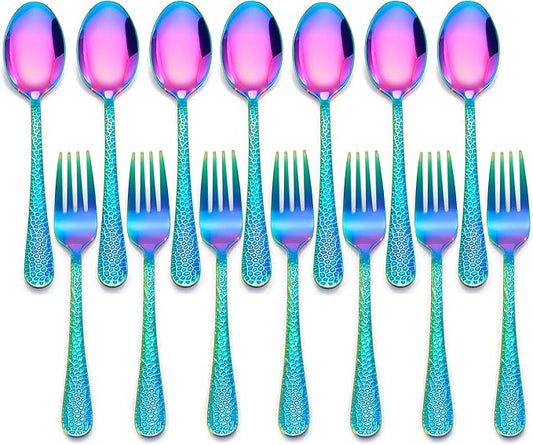 LIANYU 14-Piece Kids Silverware Set, Rainbow Toddler Utensils Flatware Set, Stainless Steel Child Preschooler Cutlery, Includes 7 Spoons and 7 Forks for Kids, Dishwasher Safe