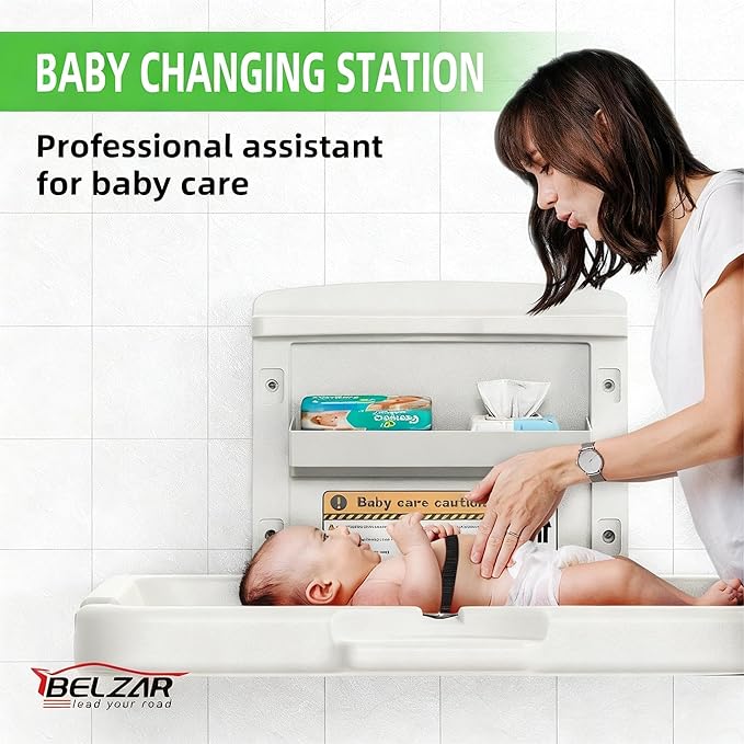 BELZAR Commercial Wall Mounted Baby Changing Station – ADA Compliant, Fold Down Heavy Duty Horizontal Diaper Changing Table with Safety Strap & Paper Liner Holder, For Public Restrooms/Hotels/Airports