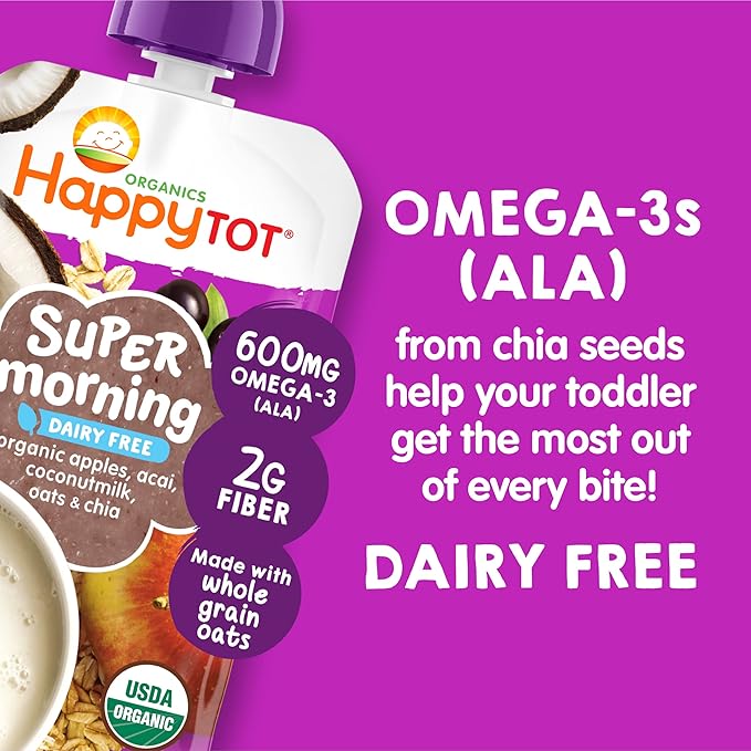 HAPPYTOT Organics Stage 4 Baby Food Pouches, Gluten Free, Vegan & Dairy Free Snack, Super Morning Fruit & Oat Blend, Apple, Acai, Coconutmilk, Oats & Chia, 4 Oz (Pack of 16)