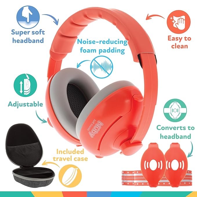 Nuby Soft Sounds 2-in-1 Noise-Canceling Baby Earmuffs with Travel Case - Adjustable Noise Protection for Infants and Toddlers - Orange