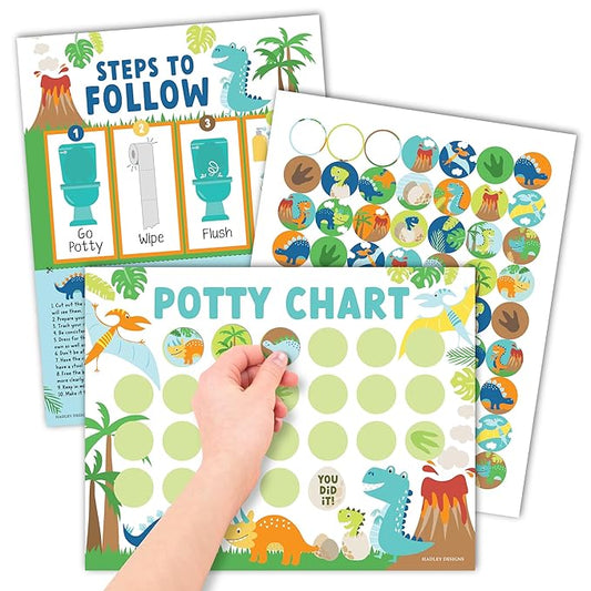 Hadley Designs Potty Training Chart for Toddlers Boys -10 Sticker Potty Chart for Toddlers Boys, 8.5x11" Potty Training Sticker Charts for Toilet Success, Dinosaur Toddler Reward Chart for Kids