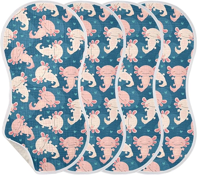 Muslin Burp Cloths for Baby Boys and Girls - 4-Pack Ultra Absorbent Cute Axolotl Muslin Washcloths, Newborn Towel, Milk Spit Up Rags, Burp Cloth Bib for Unisex, 22 x 11 Inch