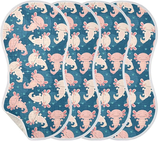 Muslin Burp Cloths for Baby Boys and Girls - 4-Pack Ultra Absorbent Cute Axolotl Muslin Washcloths, Newborn Towel, Milk Spit Up Rags, Burp Cloth Bib for Unisex, 22 x 11 Inch