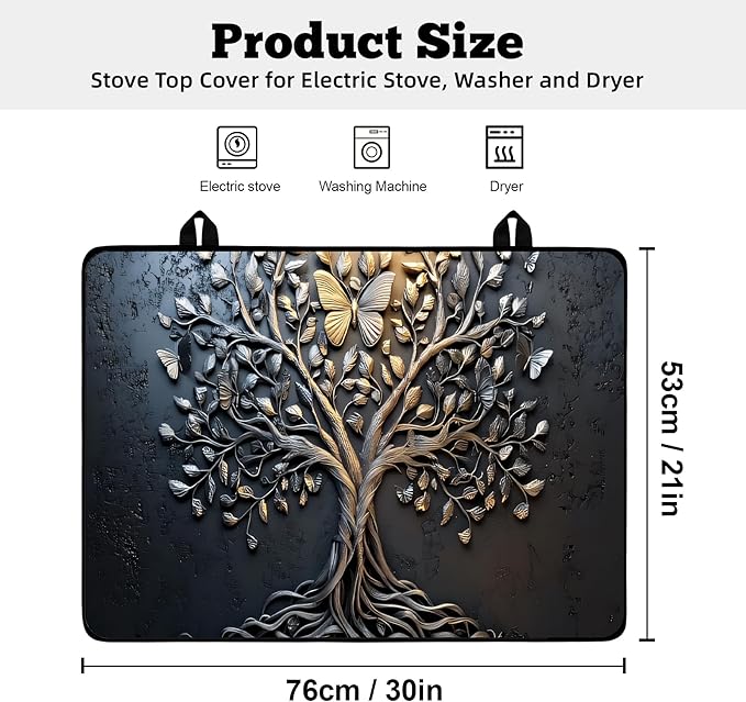 Multi-Design Stove Top Cover for Glass/Electric Stoves - 3-in-1 Heat-Resistant Protector Mat, Non-Slip Drying Rack 30"x21"(Tree of Life - Black)