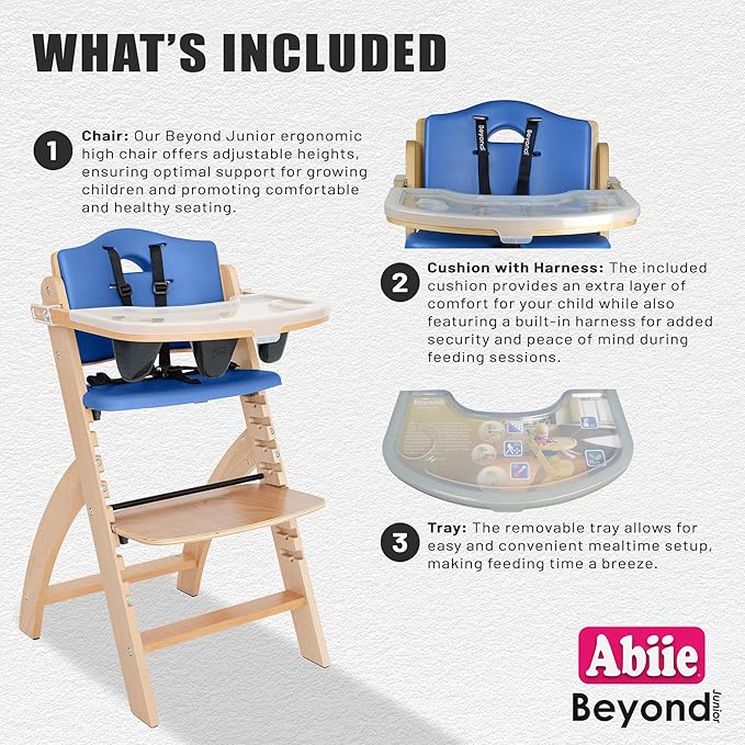 Abiie Beyond Junior Wooden High Chair for Babies and Toddlers - Convertible 3-in-1 Baby Highchair with Removable Tray - 6 Months to 250 Lb - Water Resistant - Natural Wood with Blueberry Cushion