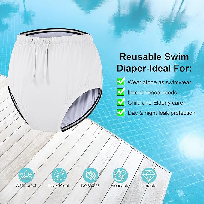 Special Needs Reusable Swim Diaper – Waterproof & Leakproof Incontinence Swimwear for Toddler, Youth & Adult, Unisex Cloth Diaper Cover (White, 3XL)
