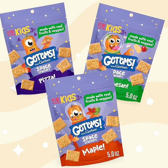 Get'ems! from Gerber, Snacks for Kids, Pizza Space Crackers, Made with Real Veggies & Fruits, Iron & Vitamin E - 4 pack