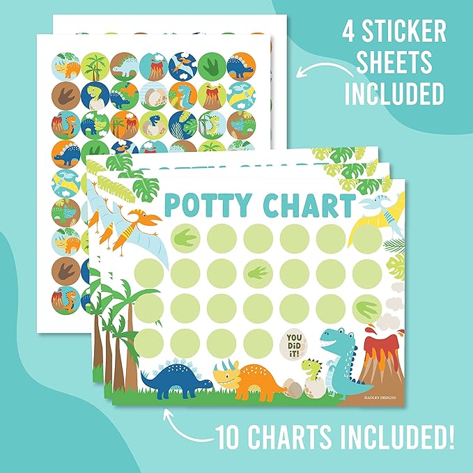 Hadley Designs Potty Training Chart for Toddlers Boys -10 Sticker Potty Chart for Toddlers Boys, 8.5x11" Potty Training Sticker Charts for Toilet Success, Dinosaur Toddler Reward Chart for Kids