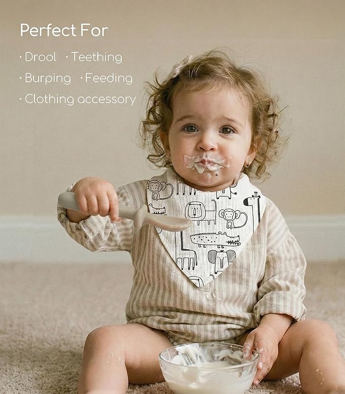 Muslin Baby Bibs 8 Pack, Baby Bandana Drool Bib for Drooling and Teething, Cotton Soft Absorbent for Girls Boys (Grey Animals)