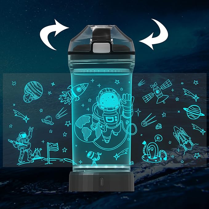 Attivolife Kids Water Bottle Light up Astronaut, Space Cup 3D Illusion Glowing Lamp-14 OZ Dino BPA Free Eco-Friendly Timer Function, Cool Unique Gifts for Boy Girl Toddler Camping Back to School