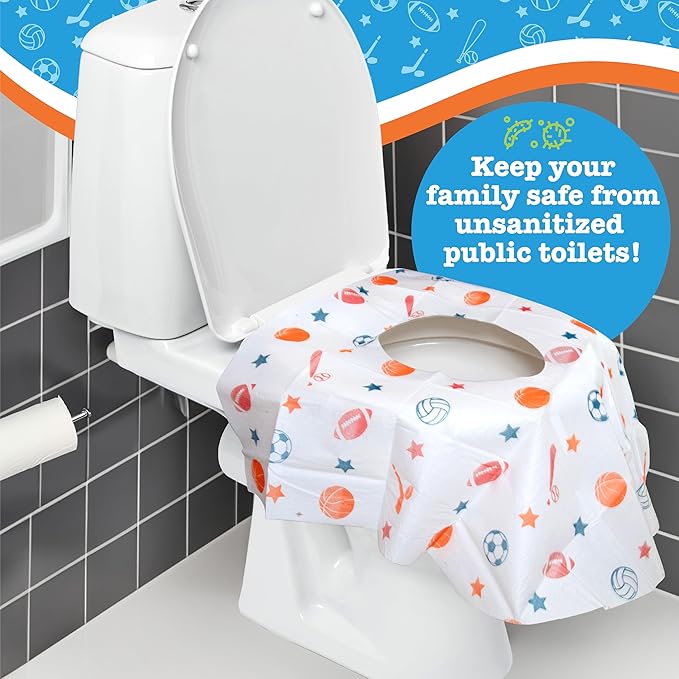 Potty Shields Toilet Seat Covers Disposable (20 Pack, Sports) - XL Waterproof Toilet Cover for Toddlers, Kids & Adults - Portable & Individually Wrapped for Travel, Potty Training & Public Restrooms