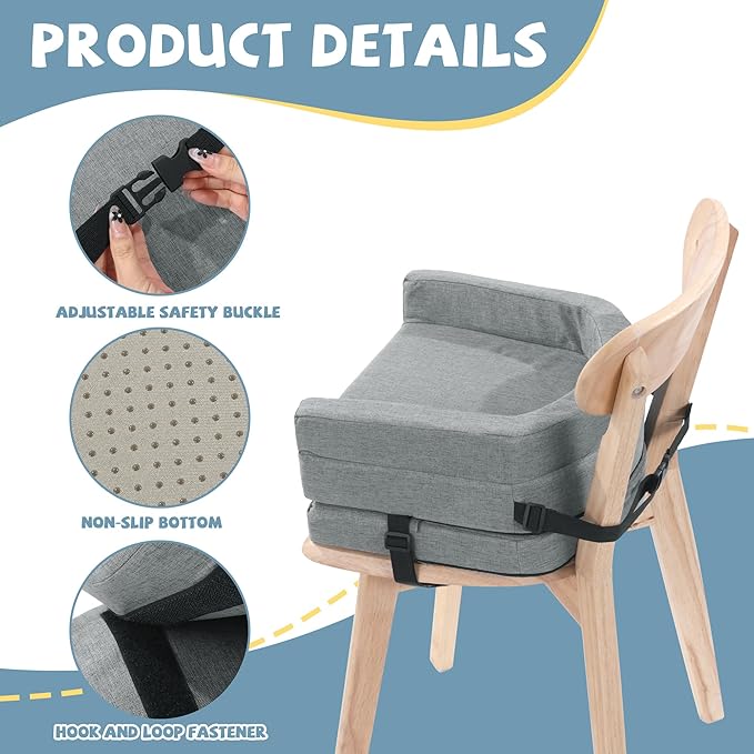 ROYALAY Toddler Booster Seat for Dining Table, Adjustable Height Booster Seat Pad for Kids Chair, 5.3inch Portable Booster Cushion with Straps, Travel Booster Seats for Baby Child Boys Girls(Grey)