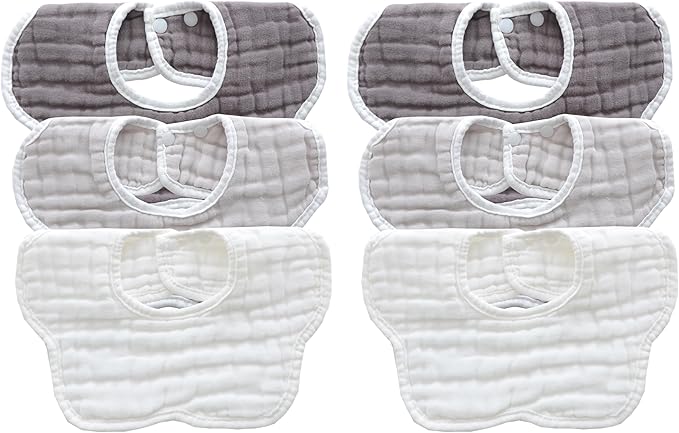 MUKIN Soft Cotton Muslin Baby Bibs 6 Pack | Adjustable Snap Closure for Newborns| Absorbent for Drooling, Teething & Feeding