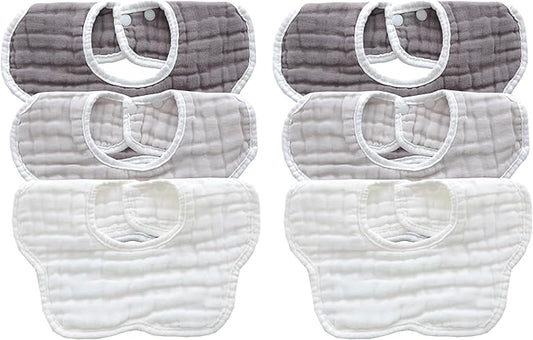 MUKIN Soft Cotton Muslin Baby Bibs 6 Pack | Adjustable Snap Closure for Newborns| Absorbent for Drooling, Teething & Feeding