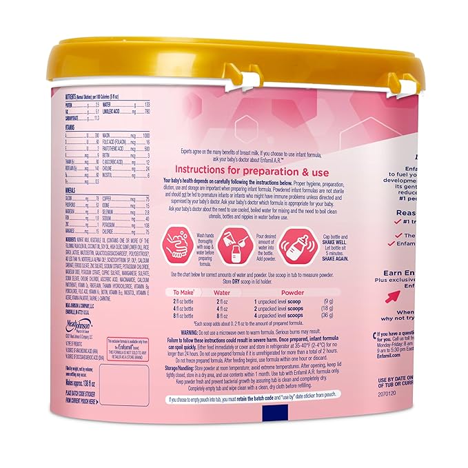 Enfamil A.R. Infant Formula,Clinically Proven to Reduce Reflux & Spit-Up in 1 Week, with Iron, DHA for Brain Development,Probiotics to Support Digestive & Immune Health, PowderTub,19.5 Oz (Pack of 3)