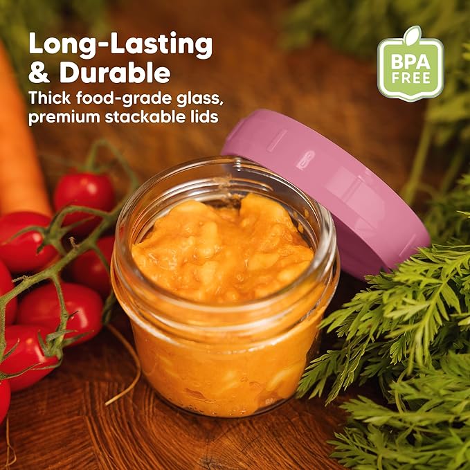 KeaBabies 12-Pack 4oz Glass Jars with Lids - 12pk Small Glass Baby Food Containers with Lids, Leak-Proof, BPA-Free, Purees & Baby Snack Containers Storage, Microwave, Dishwasher & Freezer Safe