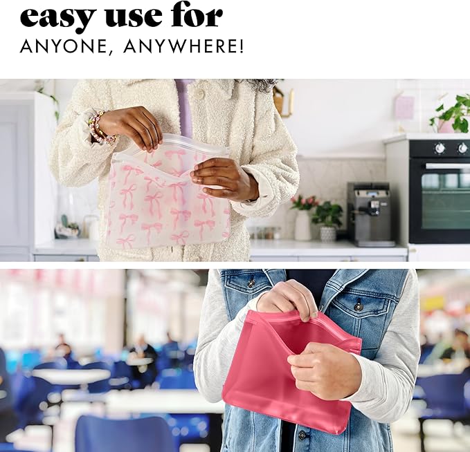 Fit & Fresh Reusable Sandwich Bags (3 Pack) – Leakproof Reusable Food Storage Bags, BPA-Free, Freezer Safe, Eco Friendly Bags for Snacks, Lunch, Meal Prep, Pink Bows