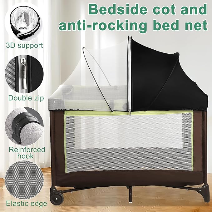 Pack N Play Tent Cover & Bassinet Canopy - Half-Blackout Breathable Mosquito Net with 2-Way Zipper for Bassinet, Travel Crib, Mini Crib & Playpen to Keep Cats Out (Black-Large)