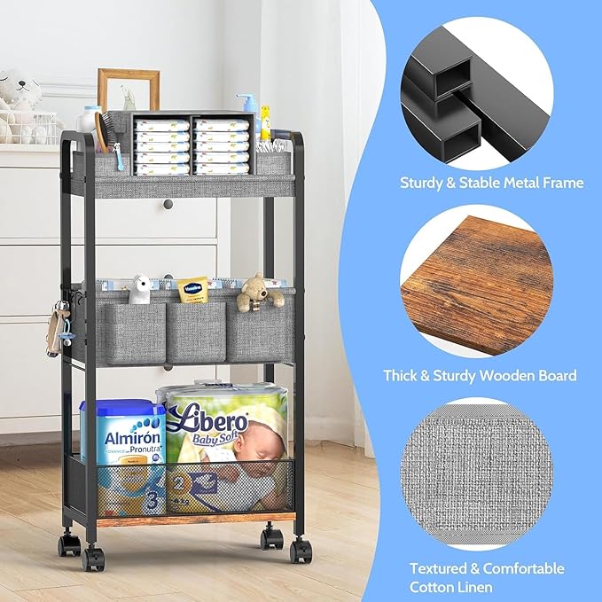 2In1 Baby Diaper Caddy & 3-Tier Rolling Diaper Cart, Caddy Organizer Cart with Dividers, Mobile Metal Bedside Carts for Baby Essentials, Rolling Carts for Newborn Nursery with Wheels, Large Capacity