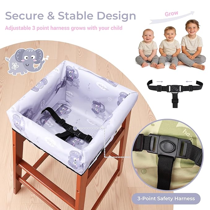COOLBEBE Baby High Chair Cover with 3-Point Harness, Waterproof & Machine Washable Portable Seat Cover, Fits Wooden Chairs for Restaurant, Travel, Home & Dining Out, Grey