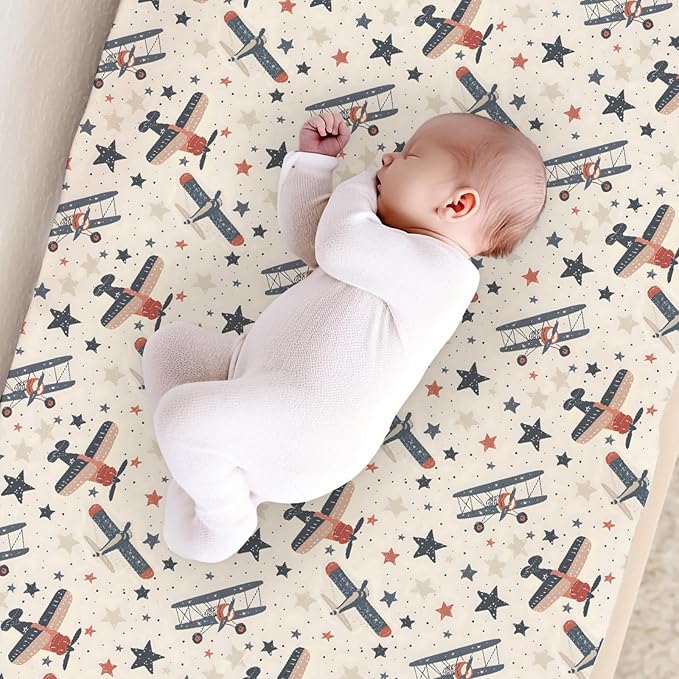 Vintage Plane Stars Clouds Pattern Baby Changing Pad Cover, Unisex Plane Aircraft Theme Nursery Diaper Changing Table Pad Mat Sheet for Boys Girls-16x32