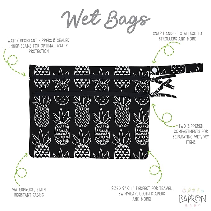BapronBaby Pineapple Monochrome Wet Dry Bag - Waterproof Two Zipper Pockets - Reusable for Mealtime, Diapers, Stroller, Snacks, Swimsuits - Machine Washable - 11" x 9"