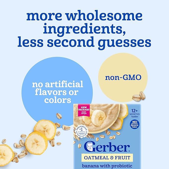 GERBER CEREAL FOR BABY GRAIN AND GROW Toddler Oatmeal Banana Probiotic BL 5x8oz