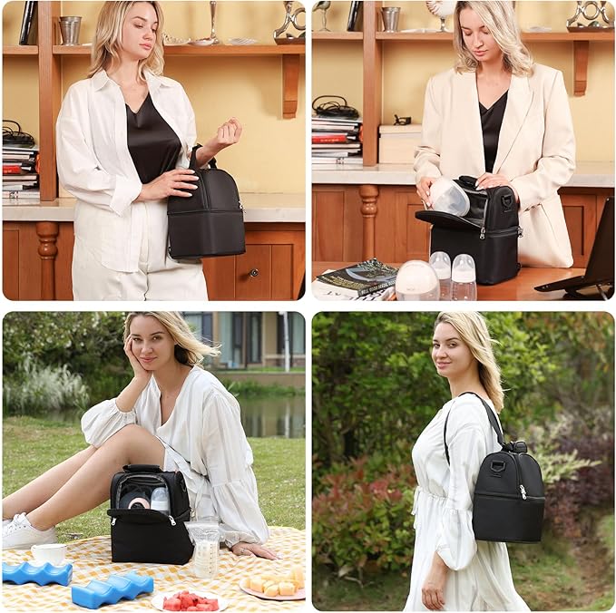 NCVI Breastmilk Cooler Bag with 2 Ice Pack, Breast Pump Bag with Cooler Fits 6 Bottles, Double Layer Breast Milk Travel Bag Baby Bottle, for Travel, Nursing Mom Daycare, Work, Picnic (Black)