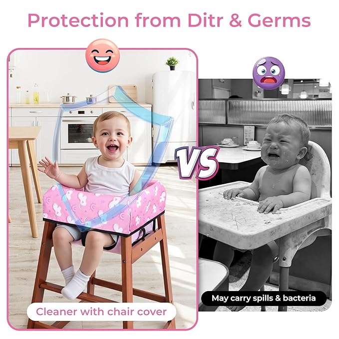 COOLBEBE Baby High Chair Cover with 3-Point Harness, Waterproof & Machine Washable Portable Seat Cover, Fits Wooden Chairs for Restaurant, Travel, Home & Dining Out, Pink Unicorn