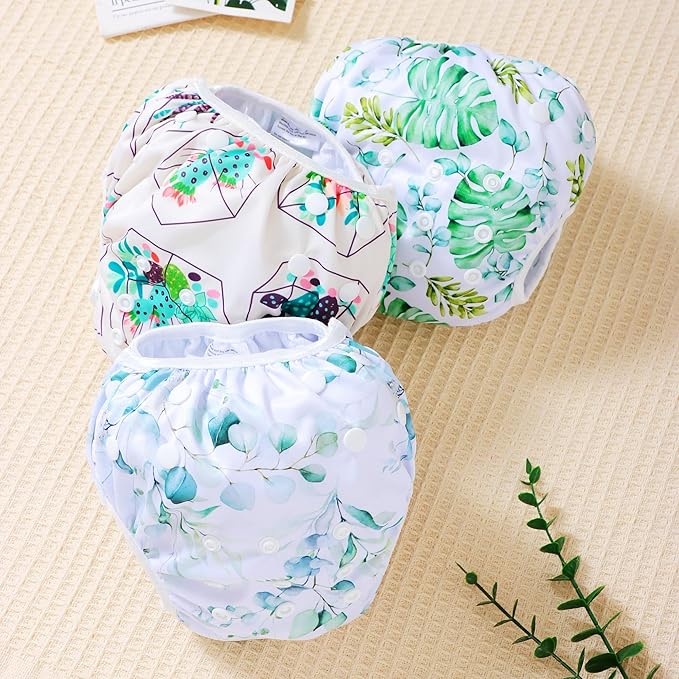 Reusable Swim Diapers for Baby, 3-Pack, Pink Hearts and Animal Prints (3-SW-Leaves)